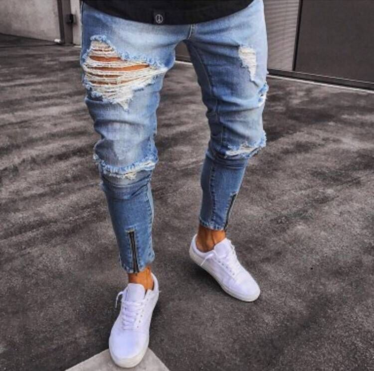 Perforated Non Elastic Ankle Zipper Fashionable Denim Men's Pants 11058_mkmklike.com