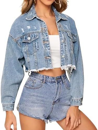 Women's Loose Fit Denim Jacket Fashionable Frayed Edges Short Ripped Style Casual_mkmklike.com