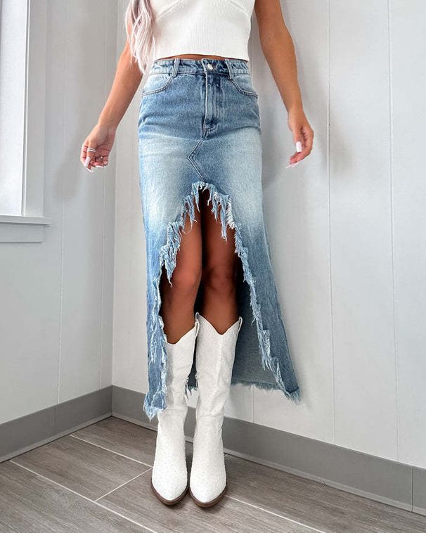 2025 Spring And Summer New High Waist Irregular Raw Edge Denim Skirt Women's Clothing Distressed Washed Skirt_mkmklike.com