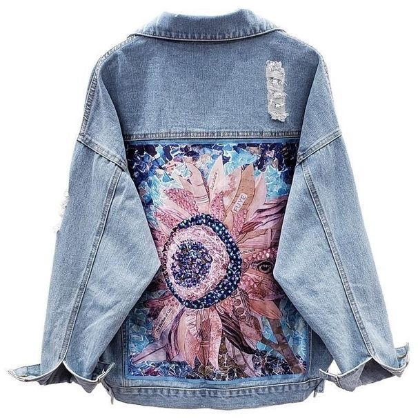 Women's Distressed Denim Jacket, Casual Loose Fit Ripped Jean Coat, Long Sleeve Button Down Trucker Jacket, Daily Streetwear Outwear For Spring Autumn_mkmklike.com
