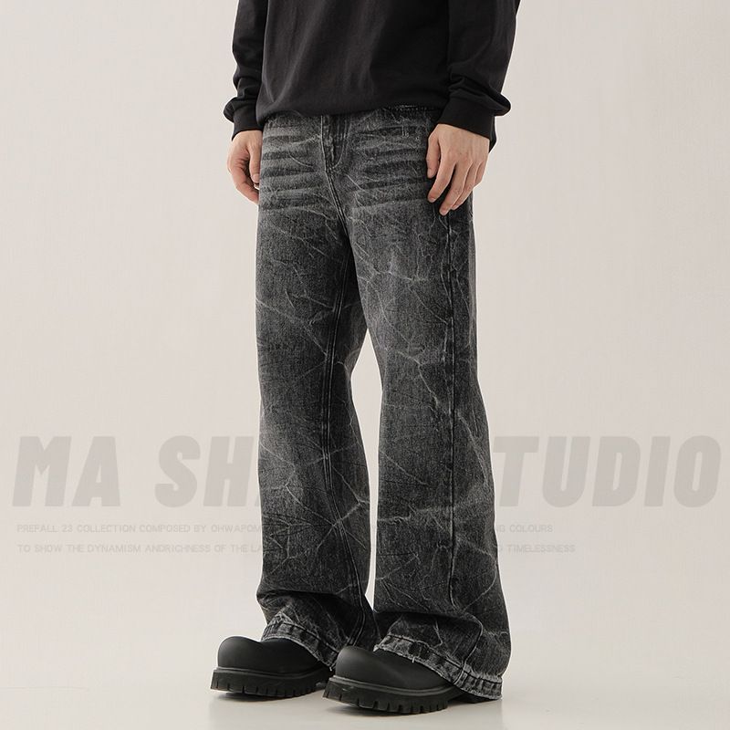Men's Clothing High Street Lightning Pattern Washed Black And Gray Jeans Straight Slim Cleanfit Pants_mkmklike.com