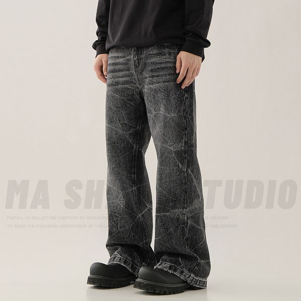 Men's Clothing High Street Lightning Pattern Washed Black And Gray Jeans Straight Slim Cleanfit Pants_mkmklike.com