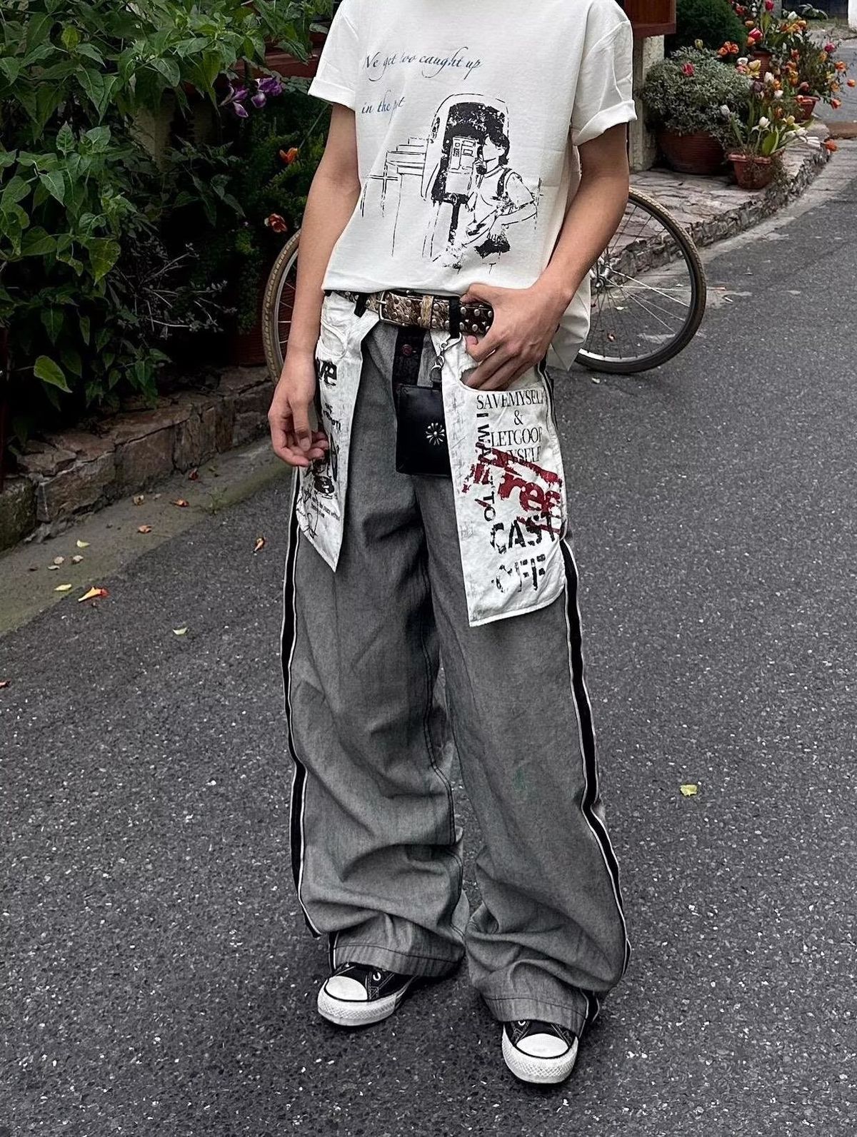 American Style Reverse-Wear Large Pocket Theme Printed Jeans For Men And Women New Design Slimming Floor-Length Pants_mkmklike.com