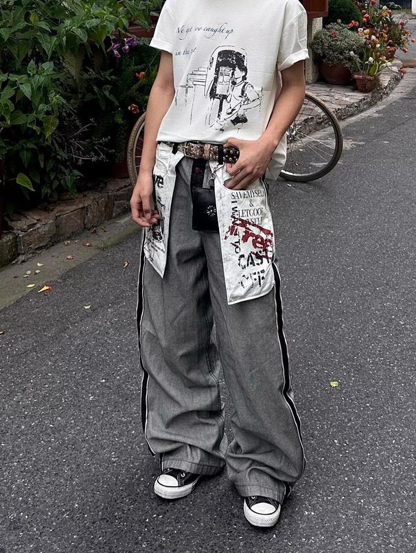 American Style Reverse-Wear Large Pocket Theme Printed Jeans For Men And Women New Design Slimming Floor-Length Pants_mkmklike.com