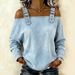 Women's Off Shoulder Long Sleeve Denim Blouse, Adjustable Strap Cold Shoulder Casual Top, Loose Fit Curved Hem Jeans Shirt For Daily Wear Streetwear,_mkmklike.com