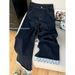 Women's High-Waisted Wide-Leg Jeans – Contrast Cuff & Letter Embroidery, Relaxed Fit Dark Blue Denim Pants (XS-3XL)_mkmklike.com