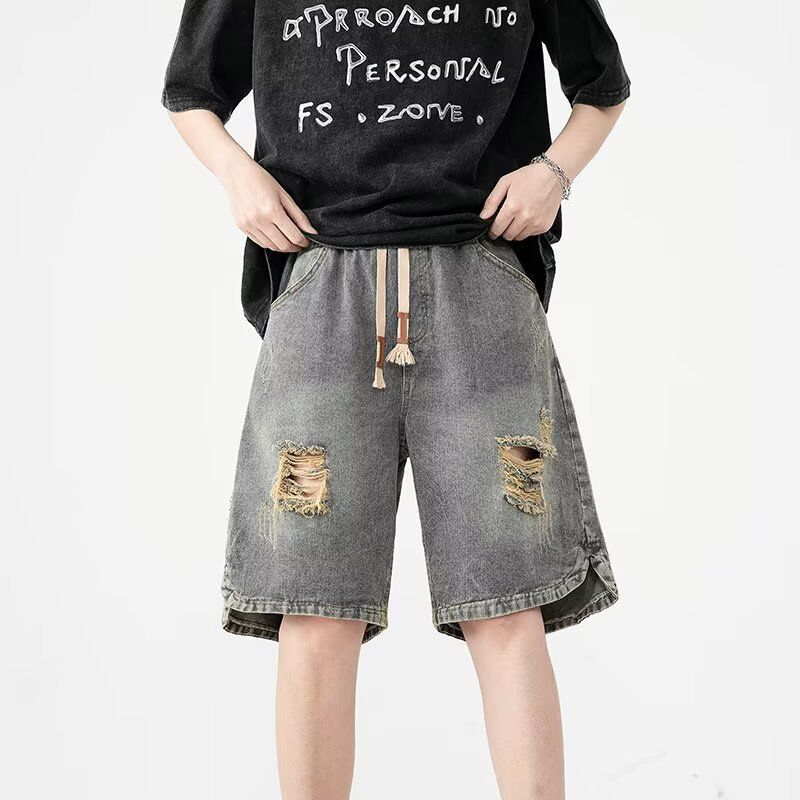 Men's Clothing High Street Ripped Denim Shorts Men's Loose Straight Washed Old Fashioned Versatile Sports Casual Shorts_mkmklike.com