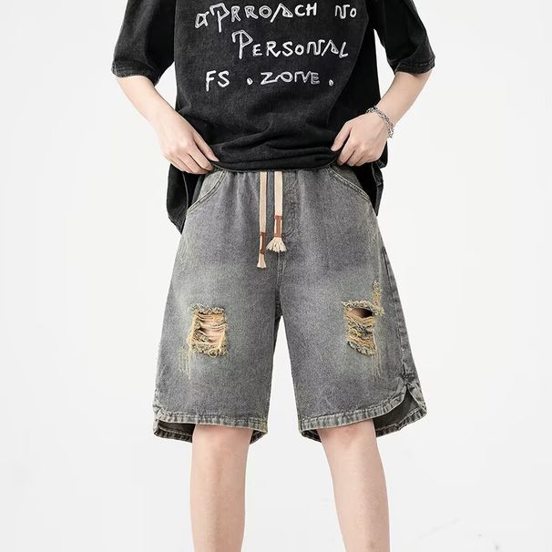 Men's Clothing High Street Ripped Denim Shorts Men's Loose Straight Washed Old Fashioned Versatile Sports Casual Shorts_mkmklike.com
