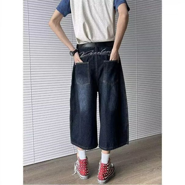 Men's Clothing Summer Niche Back Embroidery Stitching Scimitar Pants Jeans Men And Women Retro Wide Leg Cropped Pants Shorts Trend_mkmklike.com