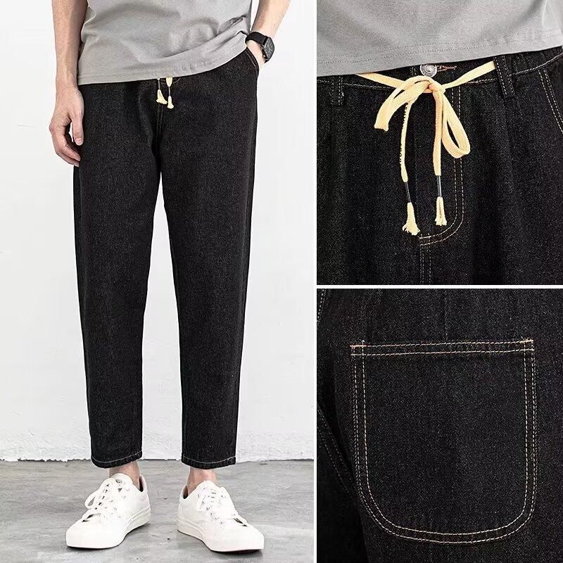 Men's Trendy Solid Color Cropped Harem Jeans Tapered Loose Straight Leg 'Dad' Pants Low Waist Blue Spring Autumn Versatile_mkmklike.com