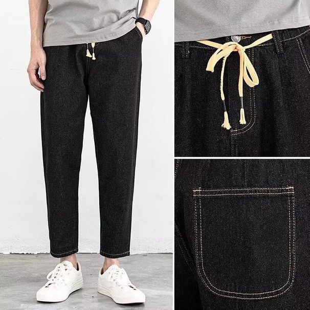 Men's Trendy Solid Color Cropped Harem Jeans Tapered Loose Straight Leg 'Dad' Pants Low Waist Blue Spring Autumn Versatile_mkmklike.com