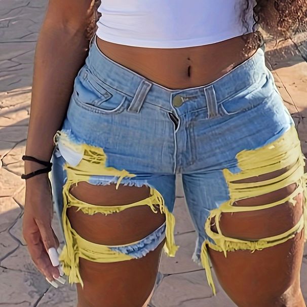 Ripple Raw Hem Distressed Denim Shorts, Mid Waist Slash Pocket Street Style Medium Strech Denim Pants, Women's Denim Jeans & Clothing_mkmklike.com