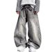 Men's Trendy Cool Versatile Casual Wide Leg Jeans Black Gray Washed Paint Splatter Loose Fit American Retro Style_mkmklike.com