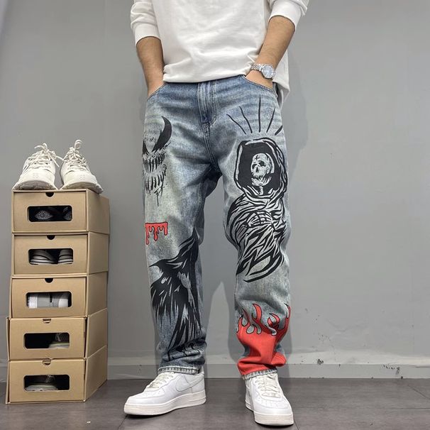 Washed Vintage Style Graffiti Print Jeans For Men Slim Fit Tapered Straight Leg Pants High Street Cool Trendy_mkmklike.com