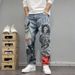 Washed Vintage Style Graffiti Print Jeans For Men Slim Fit Tapered Straight Leg Pants High Street Cool Trendy_mkmklike.com