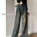 Fleece-Lined Cement Gray Vintage Pleated Wide-Leg Jeans For Women High Waist Loose Slimming Autumn Winter Petite_mkmklike.com