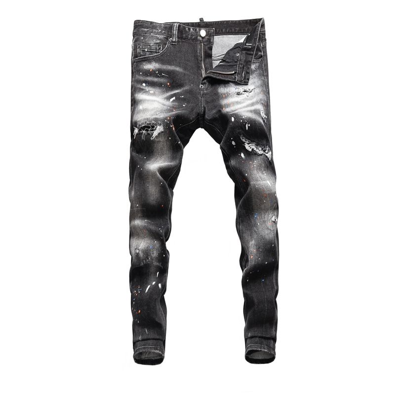 Men's Clothing High Street Fashion Ripped Men's Jeans Black And Gray Distressed Washed Paint Print Slim Fit Skinny Jeans Men's Trendy_mkmklike.com