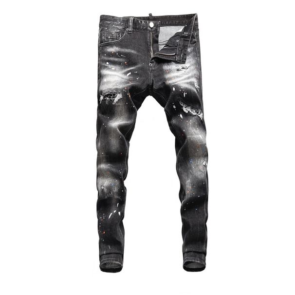 Men's Clothing High Street Fashion Ripped Men's Jeans Black And Gray Distressed Washed Paint Print Slim Fit Skinny Jeans Men's Trendy_mkmklike.com