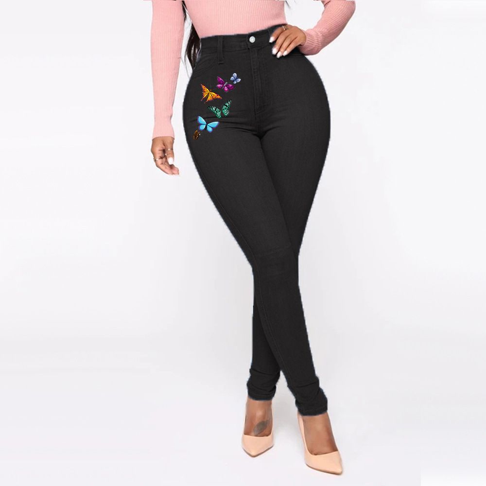 Women's High Waist Printed Jeans Sexy Tight Pants Solid Color Denim For Spring/Autumn Season_mkmklike.com