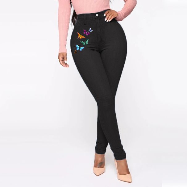 Women's High Waist Printed Jeans Sexy Tight Pants Solid Color Denim For Spring/Autumn Season_mkmklike.com