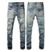 European And American Trendy Brand High Street American Jeans Men's Thread Insertion Process, Holes And Random Lines Patch Elastic Slim Men's Pants_mkmklike.com