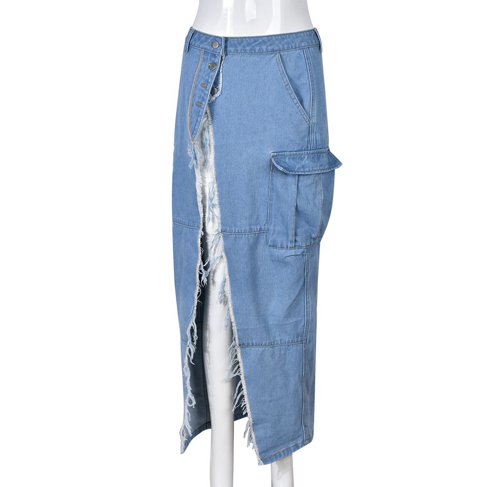 Women's Clothing Wear Fashion Personalized Denim Washed Pocket Slit Fringed Skirt_mkmklike.com