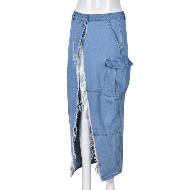 Women's Clothing Wear Fashion Personalized Denim Washed Pocket Slit Fringed Skirt_mkmklike.com