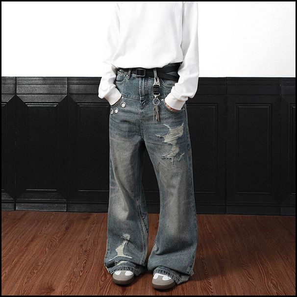 Men's Distressed Patchwork Jeans – Vintage Washed Straight & Slight Flare Denim Pants For Hip-Hop Streetwear (S-3XL)_mkmklike.com
