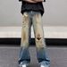 Men's Distressed Washed Denim Jeans Loose Fit Wide Legs Straight Cut Ripped Details Street Style Floor Length American Retro Vibe_mkmklike.com