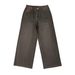 TK184 Women's Washed Fringe Low Waisted Slim Fit Straight Wide Leg Jeans Coffee Brown Floor Length Pants_mkmklike.com