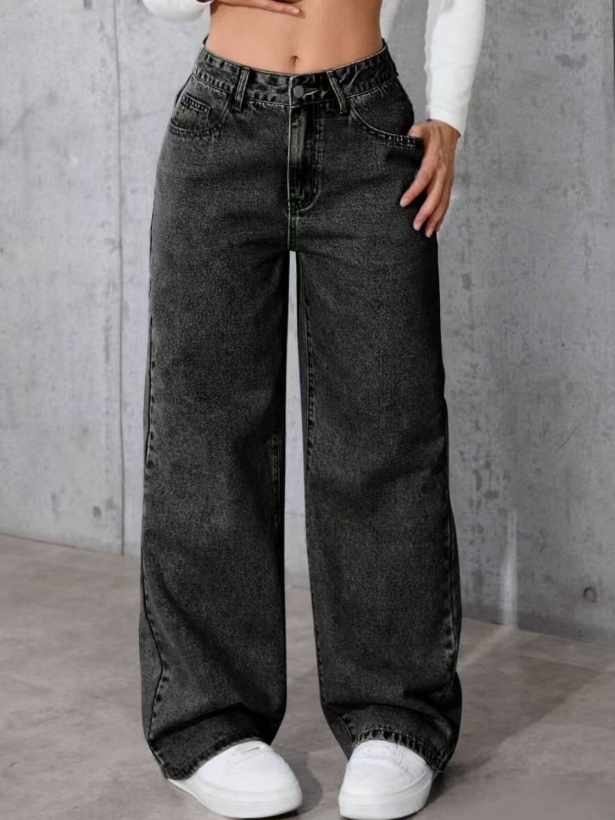 Black Wide Leg Jeans for Women Low Waisted Slimming European American Style Floor Length Jeans Flowing Cross Border E Commerce Item_mkmklike.com