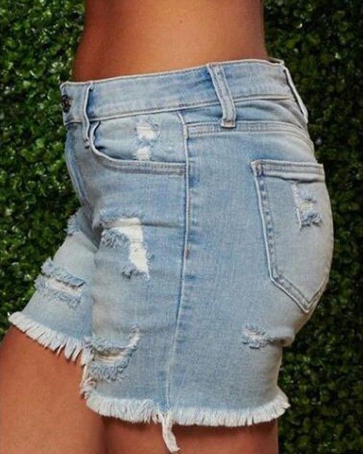 Women's Clothing Distressed Denim Shorts With Fringe Hem - Plus Size 5-Pocket Mid-Thigh Bermuda (S-4XL)_mkmklike.com