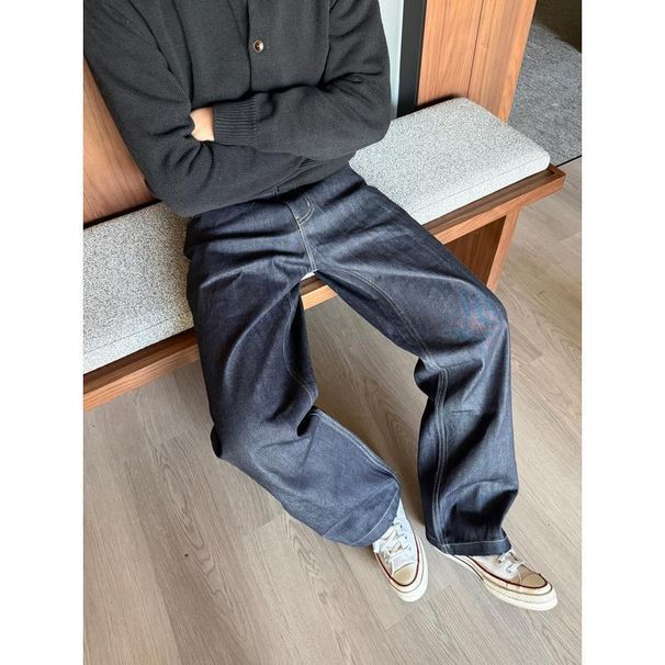 16oz Raw Selvedge Denim Jeans - Classic Straight Fit, Mid-Rise, Non-Stretch, Retro Indigo Blue For Men_mkmklike.com