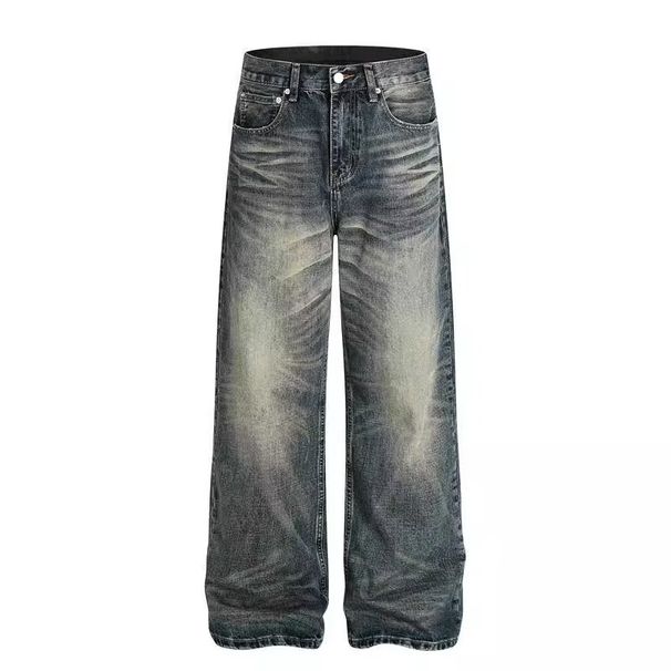 Unisex Vintage Washed Jeans – Distressed Cat Whisker & Curved Hem Design, Relaxed Wide-Leg Fit, 100% Cotton Denim Pants For Men & Women (S-3XL,)_mkmklike.com