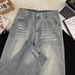 Men's Trendy Washed Blue Jeans High Street Summer Style Casual Wide Leg Trousers Loose Fit American Pants_mkmklike.com