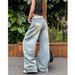 Women's Light Blue High-Waisted Wide-Leg Jeans – Vintage Washed Stretch Denim Pants With Embroidery Detail (S-3xl)_mkmklike.com