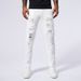 Men's Slim Fit Straight Leg Jeans White Distressed Beaded Patchwork Distressed Style_mkmklike.com