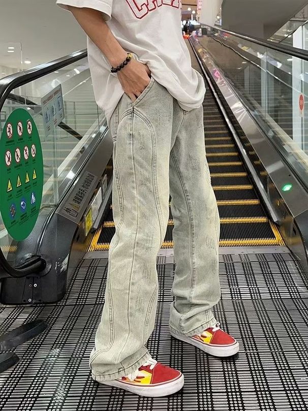 Men's Clothing retro pants high street fashion brand washed yellow mud dyed jeans men's slim fit straight flared pants_mkmklike.com