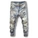 Splicing Ripped Jeans Men's Slim-fitting Small Straight Pants Patch Ripped Holes And Scratched Edges_mkmklike.com