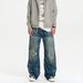 Vintage Washed Distressed Denim Jeans For Men - Straight Loose Fit With Patchwork & Cat Whiskers Design_mkmklike.com