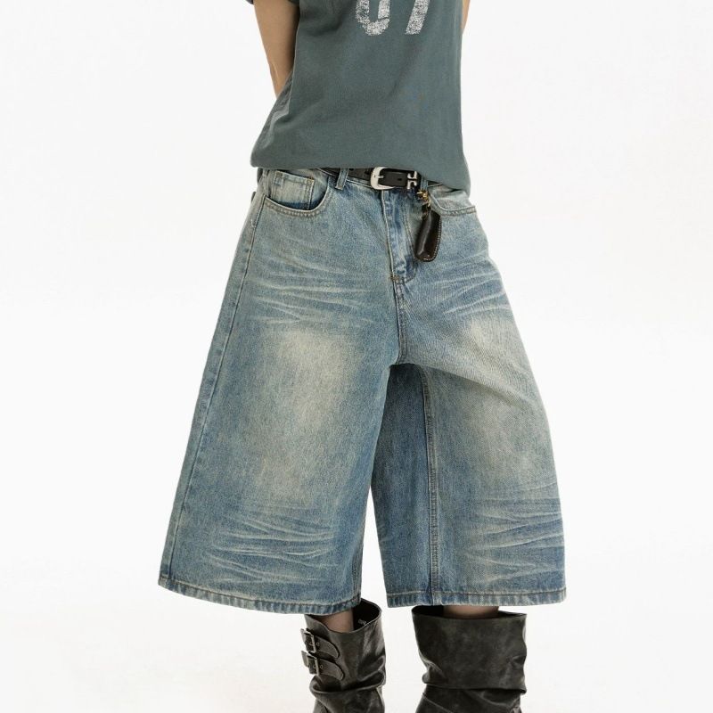 Women's Distressed Denim Capri Pants Loose Fit Versatile Washed American Trendy Summer Style Vibe_mkmklike.com