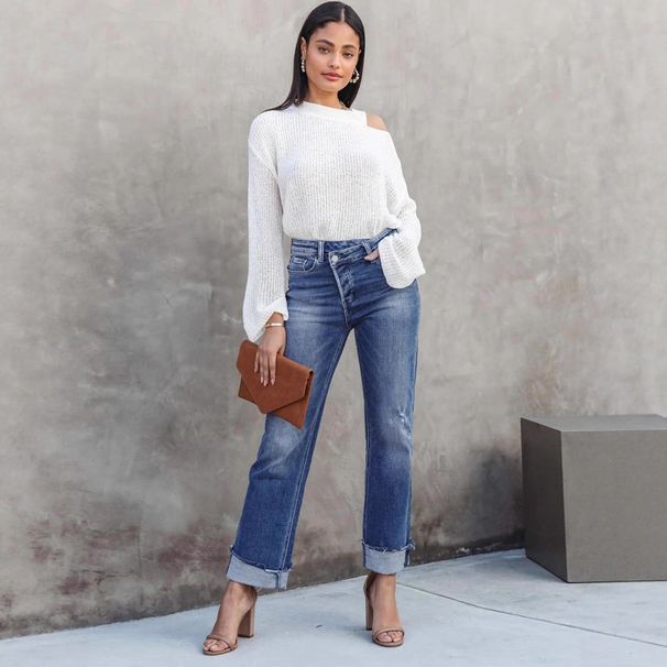 Women's High Waist Stretch Ripped Denim Jeans - Slim Straight Leg Retro Washed Blue Jeans (S/M/L/XL/XXL)_mkmklike.com