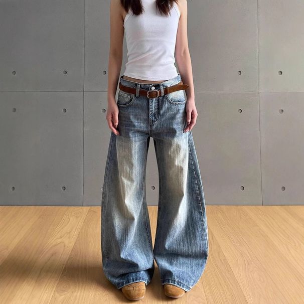 Men's Clothing High Street Old Washed Scimitar Jeans New Style Niche High Waist Straight Floor Length Wide Leg Pants_mkmklike.com