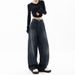 Vintage Streetwear High Waist Wide Leg Jeans For Women - Retro Blue Denim Pants With Drop Hem & Button Details_mkmklike.com