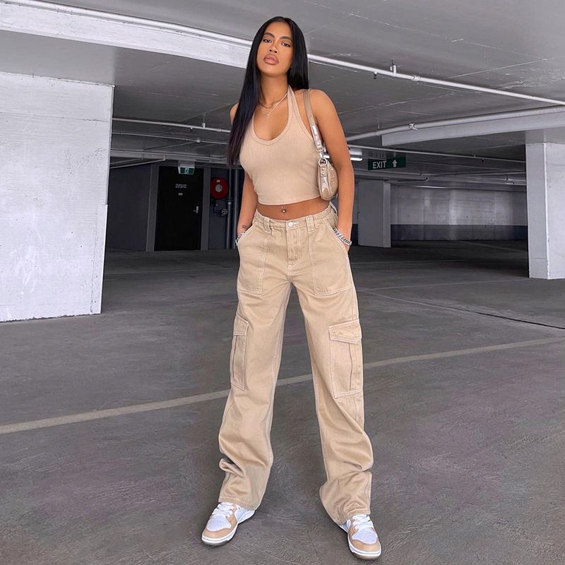 European And American Women Solid Color Cargo Pants Jeans High Waist Straight-leg Buckle Jeans With Pockets Khaki Brown Baggy Casual Trousers_mkmklike.com