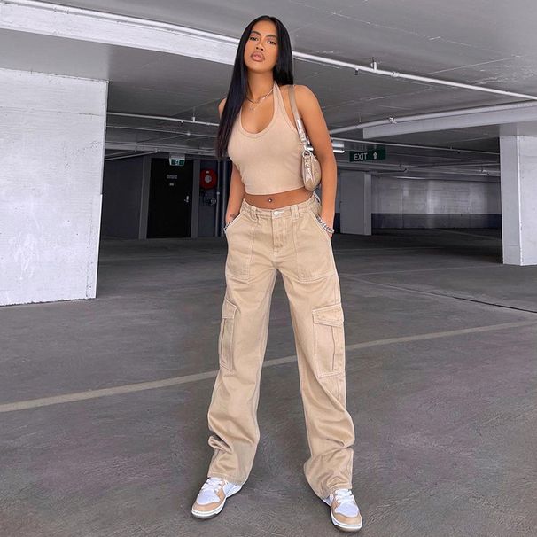European And American Women Solid Color Cargo Pants Jeans High Waist Straight-leg Buckle Jeans With Pockets Khaki Brown Baggy Casual Trousers_mkmklike.com
