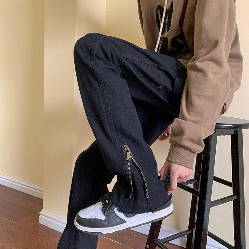 Nordmann Side Zipper Design Jeans Men, Slightly Flared American Style Trendy Hip-Hop Casual Pants, Loose Straight-Leg Cargo Pants_mkmklike.com