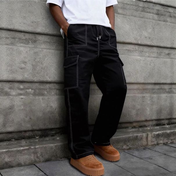 Men's Multi-Pocket Cargo Pants – Loose Straight Fit With Drawstring Waist & Decorative Stitching (Black, S-XXL)_mkmklike.com