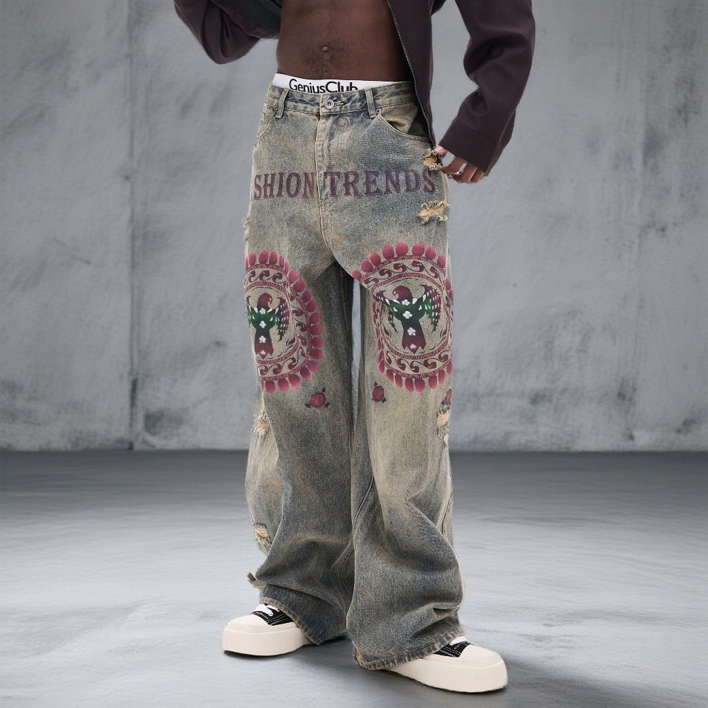 Men's Graffiti Washed Denim Jeans – Oversized Straight-Leg Pants With Distressed Details & Faux Rips (American Streetwear, Loose Fit, Cotton Comfort)_mkmklike.com