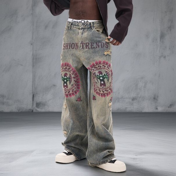 Men's Graffiti Washed Denim Jeans – Oversized Straight-Leg Pants With Distressed Details & Faux Rips (American Streetwear, Loose Fit, Cotton Comfort)_mkmklike.com